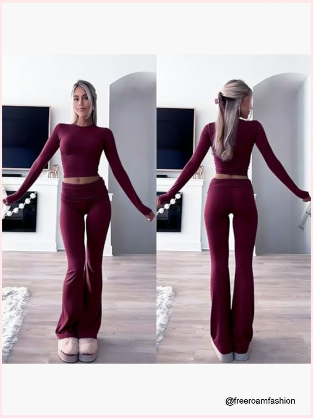 2 Piece Lounge Set: Crop Top & High Waist Flare Pants, Tummy Control, Soft Knit - Picture 6 of 7